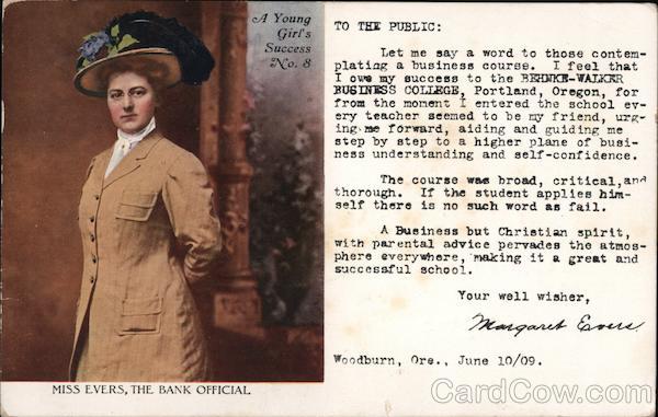 A Young Girl's Success No. 8 - Miss Evers, The Bank Official gives a review of Behnke-Walker Business College