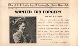 Wanted For Forgery - Thomas J. Martin - Police Notice Postcard