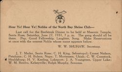 North Bay Shrine Club Beefsteak Dinner Santa Rosa, CA Postcard Postcard Postcard