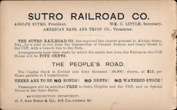 Sutro Railroad Co. Adolph Sutro, President. Wm. C. Little, Secretary. Postcard