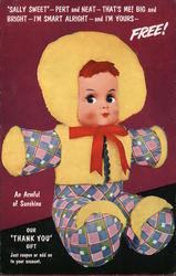 "Sally Sweet" pert and neat that's me! Big and bright I'm smart alright and I'm yours free! Crescent Jewelers Postcard