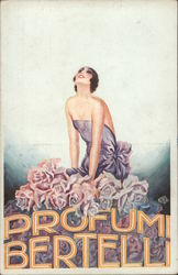 Profumi Bertelli - A woman in a purple dress sits among huge pink roses. Postcard