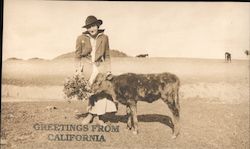 Woman with a Calf Holding Flowers, "Greetings From California" Postcard