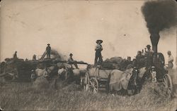 Horses, wagons, a steam engine, and workers working Postcard