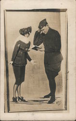 Soldier With Translation Book and Beautiful French Woman Postcard