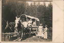 People and a dog in and near a horse-drawn covered wagon Postcard