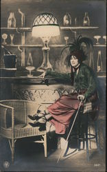 Hand Tinted: Woman with Tiffany Lamp Postcard