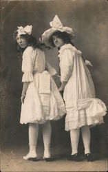 Two Girls in White Dressed and Hats Postcard