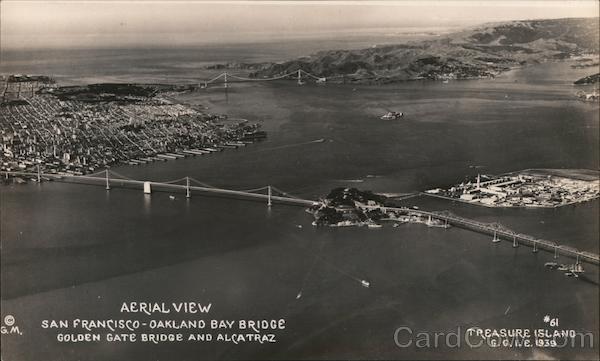 Aerial view San Francisco-Oakland Bay Bridge - Golden Gate Bridge and Alcatraz California