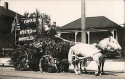 Flower Covered Fire Engine Pulled by Two White Horses Postcard