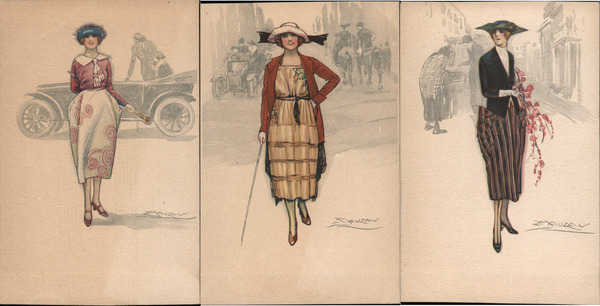 Set of 3: Art Deco Fashion Ladies Achille Mauzan Artist Signed