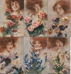 Set of 6: Ladies with Flowers Postcard