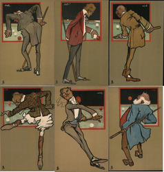 Rare Set of 6: Art Nouveau Men Playing Billiards Postcard