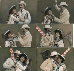 Set of 6: Couple with Sporting Equipment, Tennis? Postcard