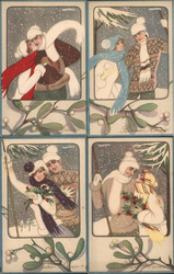 Set of 4: Italian Art Deco Couples Skiing Postcard