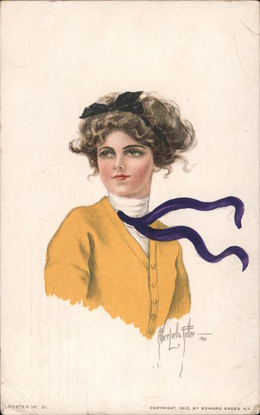 Woman wearing yellow sweater and purple scarf Alice Luella Fidler