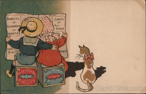 Children sitting on boxes of Peek Frean & Co. biscuits