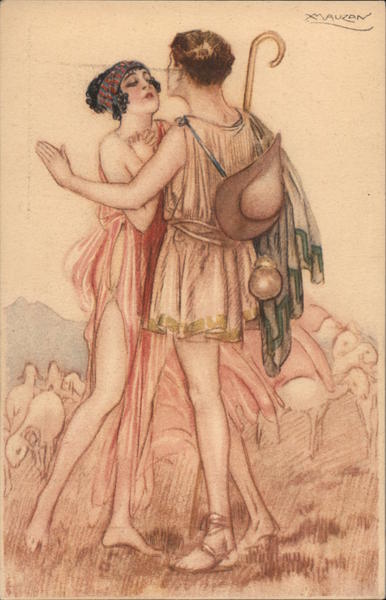 Shephard and Woman Embracing in a Field of Sheep Achille Mauzan