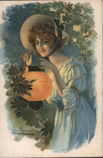 Young woman holding a lantern Artist Signed