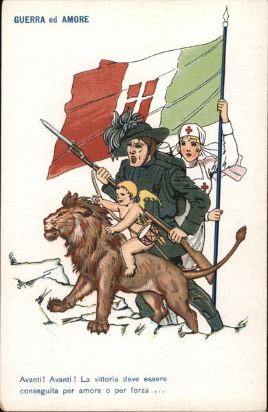 Guerra ed Amore - Millitary scene with Cherubim, lion, soldier and war nurse holding Italian Flag