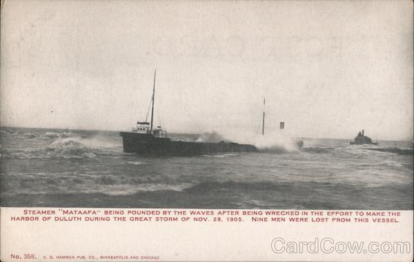 Steamer Mataafa Being pounded by waves after being wrecked in the effort to the harbour of Duluth