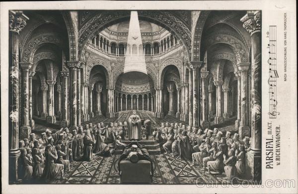 Wagner's Parsifal - End of Act 3: A white dove hovers over Parsifal while Knights of the Grail kneel