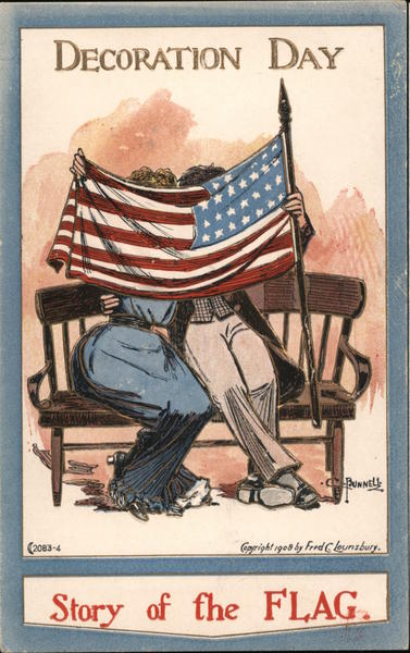 Decoration (Memorial) Day - Story of the Flag - Couple on a bench kissing behind the flag