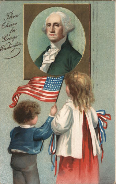 Three Cheers for George Washington with Children waving a flag