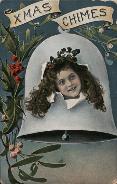 Xmas Chimes - Girls face breaking through Christmas bell surrounded by holly