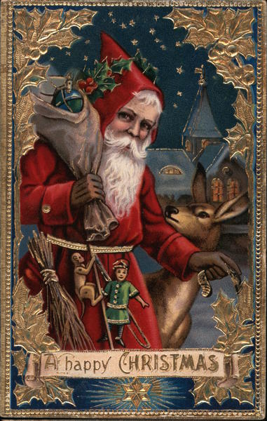 A Happy Christmas - Santa carrying presents, deer by his side