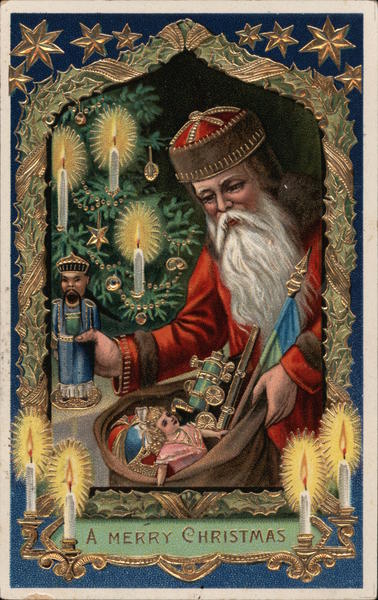 A Merry Christmas Santa With A Bag of Toys, Surrounded by Candles