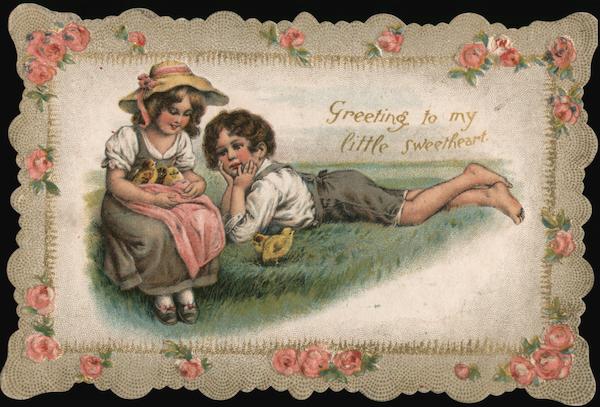 Two Children in Field with Baby Chicks Die Cut