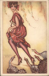 Woman in Red Dress Being Chased by Turkeys Postcard