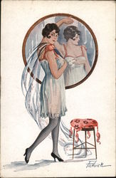 Woman in negligee y posing in front of round mirror Postcard