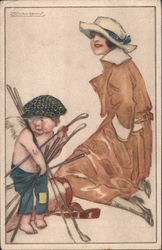 Art Deco Woman, Cupid with Golf Clubs Italian Artist Signed Achille Mauzan Postcard Postcard Postcard