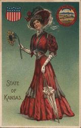State Of Kansas, With Woman In Fancy Dress And Hat Postcard