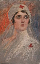Red Cross A young nurse looking upwards. Postcard
