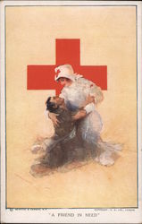 Red Cross. A nurse helping a man. "A Friend in Need" Postcard