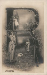 A Woman and Two Girls Standing in an R Postcard