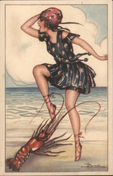 Bathing Beauty in Ballet Slippers and a Lobster, Aldolfo Busi Artist Signed Adolfo Busi Postcard Postcard Postcard
