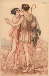 Shephard and Woman Embracing in a Field of Sheep Postcard