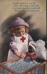 Little Girl in Nurse Costume Caring for Baby Doll in Crib Red Cross Postcard
