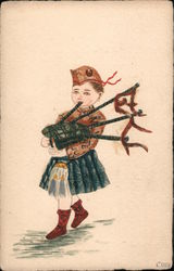 Stamp Montage: Young boy playing a bagpipe in Highland dress Postcard
