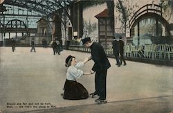 Man helping Woman up who fell down at Skating Rink Postcard