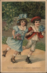 Children on roller skates. Best wishes for a happy birthday. Postcard