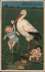 Hearty Congratulations - Stork lifting a crying baby boy from pond, while 2 other babies watch Postcard