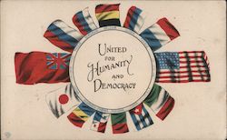United for Humanity and Democracy. Flags of different nations in a circle. Postcard
