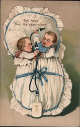 Two Twigs from the same stem! Infant twins in a bassinet sharing milk Postcard