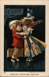 Good Bye, Little Girl, Good Bye - Little Boy and Girl Kissing at the Train Station Postcard