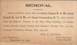 Removal. Notice is hereby given that the Grand Chapter, R.A.M., Grand Council, R. and S.M. San Francisco, CA Freemasonry Postcar Postcard
